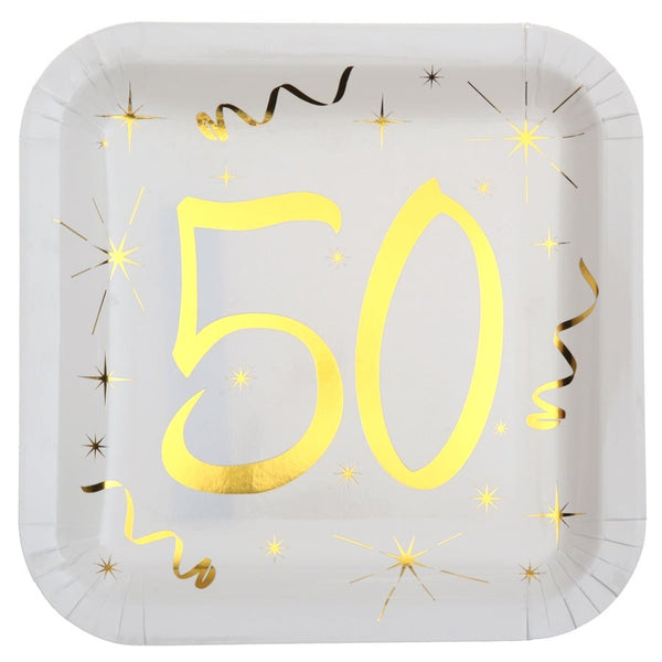Gold & White 50th Square Dinner Plates, Set of 10