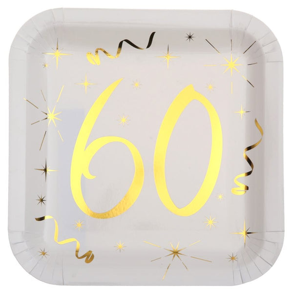 Gold & White 60th Square Dinner Plates, Set of 10