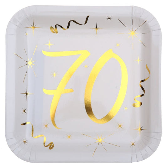 Gold & White 70th Square Dinner Plates, Set of 10