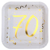 Gold & White 70th Square Dinner Plates, Set of 10
