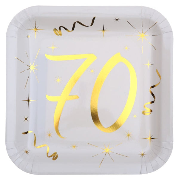 Gold & White 70th Square Dinner Plates, Set of 10