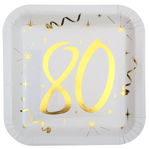 Gold & White 80th Square Dinner Plates, Set of 10