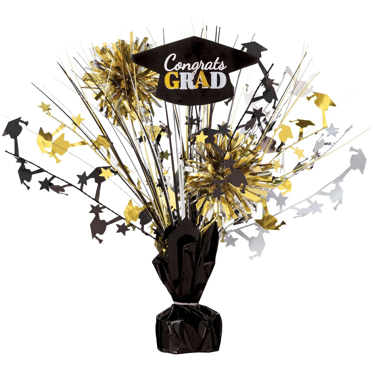 Grad Mini Tinsel Burst Centerpiece - Black, Silver, Gold