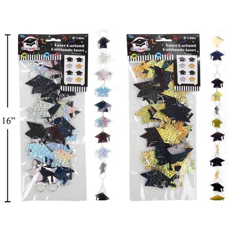 Graduation Laser Cap Garland, Assorted Black with Gold/Silver