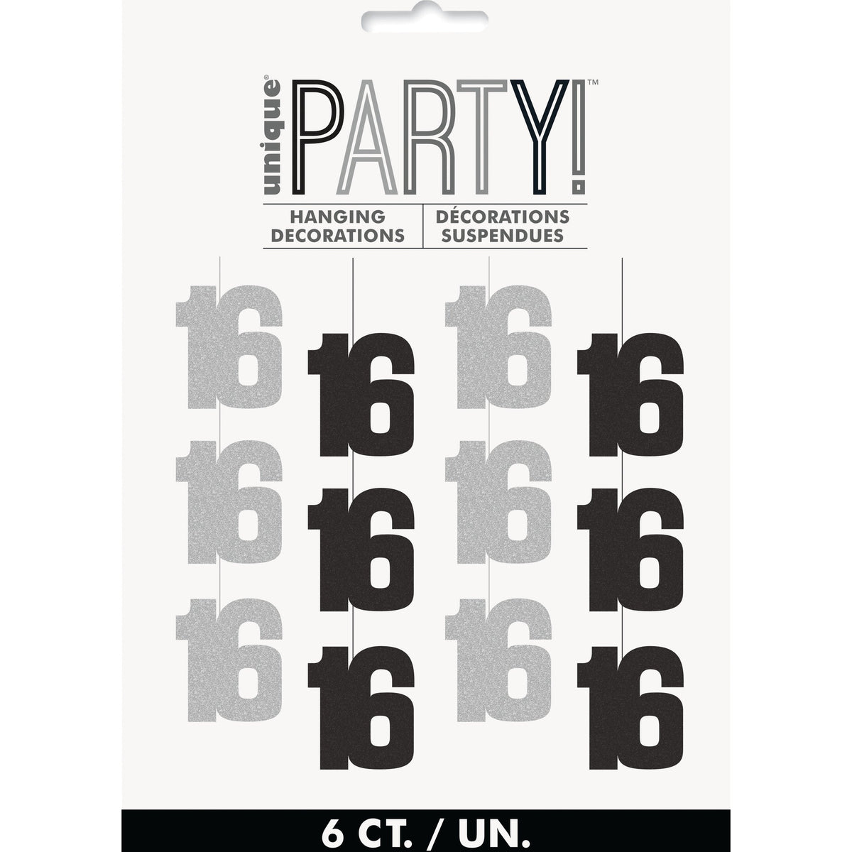 Hanging Decorations - Black & Silver Glitz 16th Birthday