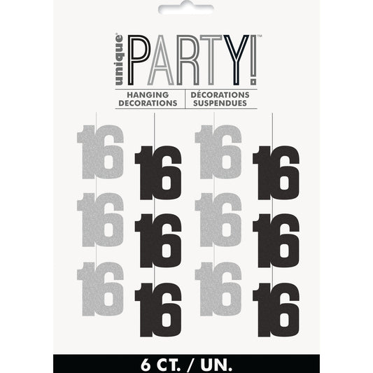 Hanging Decorations - Black & Silver Glitz 16th Birthday