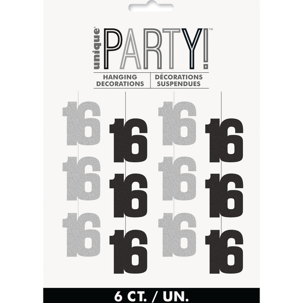 Hanging Decorations - Black & Silver Glitz 16th Birthday