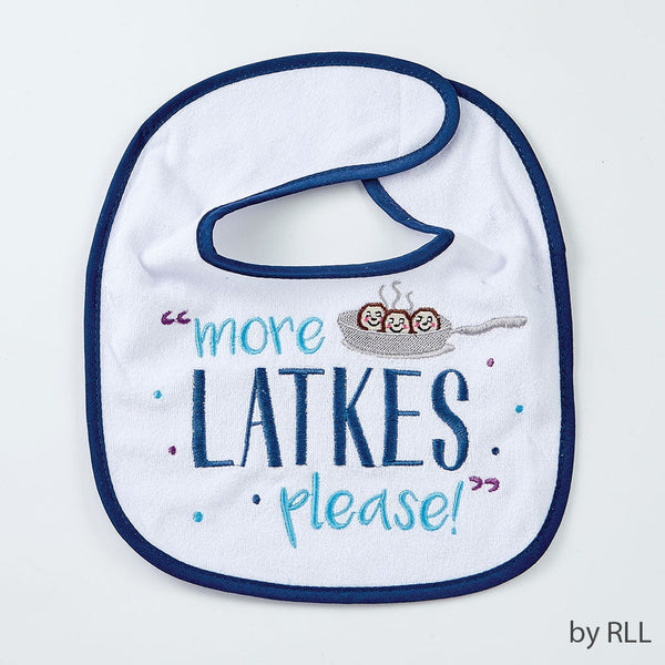 CHANUKAH BIB, 'MORE LATKES PLEASE', COTT/POLY,9'x11', CARD