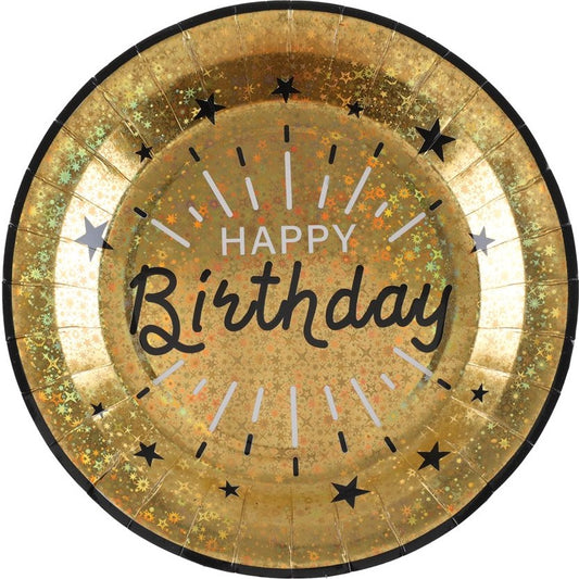 Happy Birthday Gold & Black Paper Plates, Set of 10