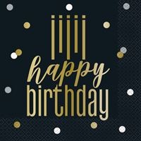 Happy Birthday Napkins Gold & Black, 16 Count