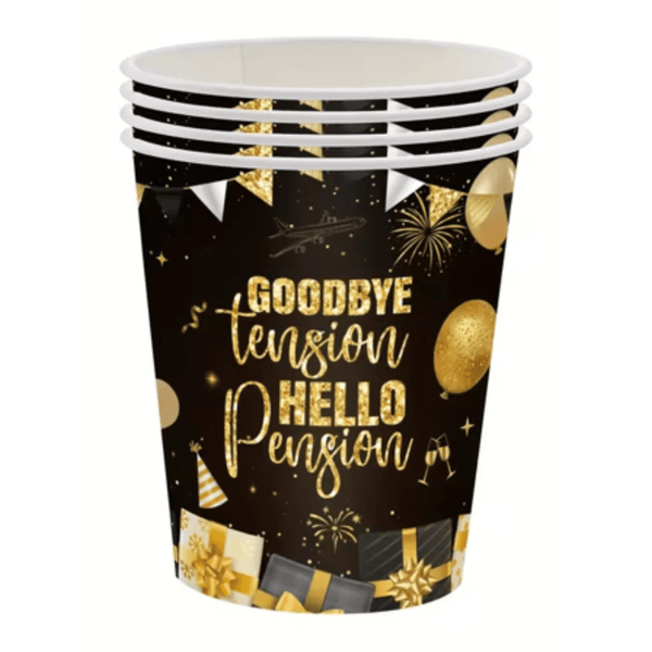 Happy Retirement 9oz "Goodbye Tension, Hello Pension" Paper Cups, 24 Count