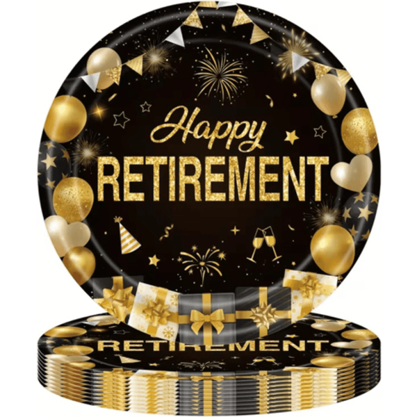 Happy Retirement Black & Gold 9" Dinner Plates, 24 Count