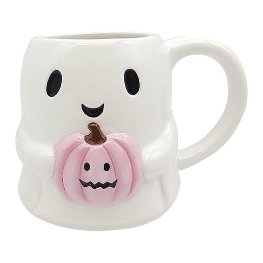 Hoot Hween Ceramic White Ghost Mug with Pumpkin 16oz