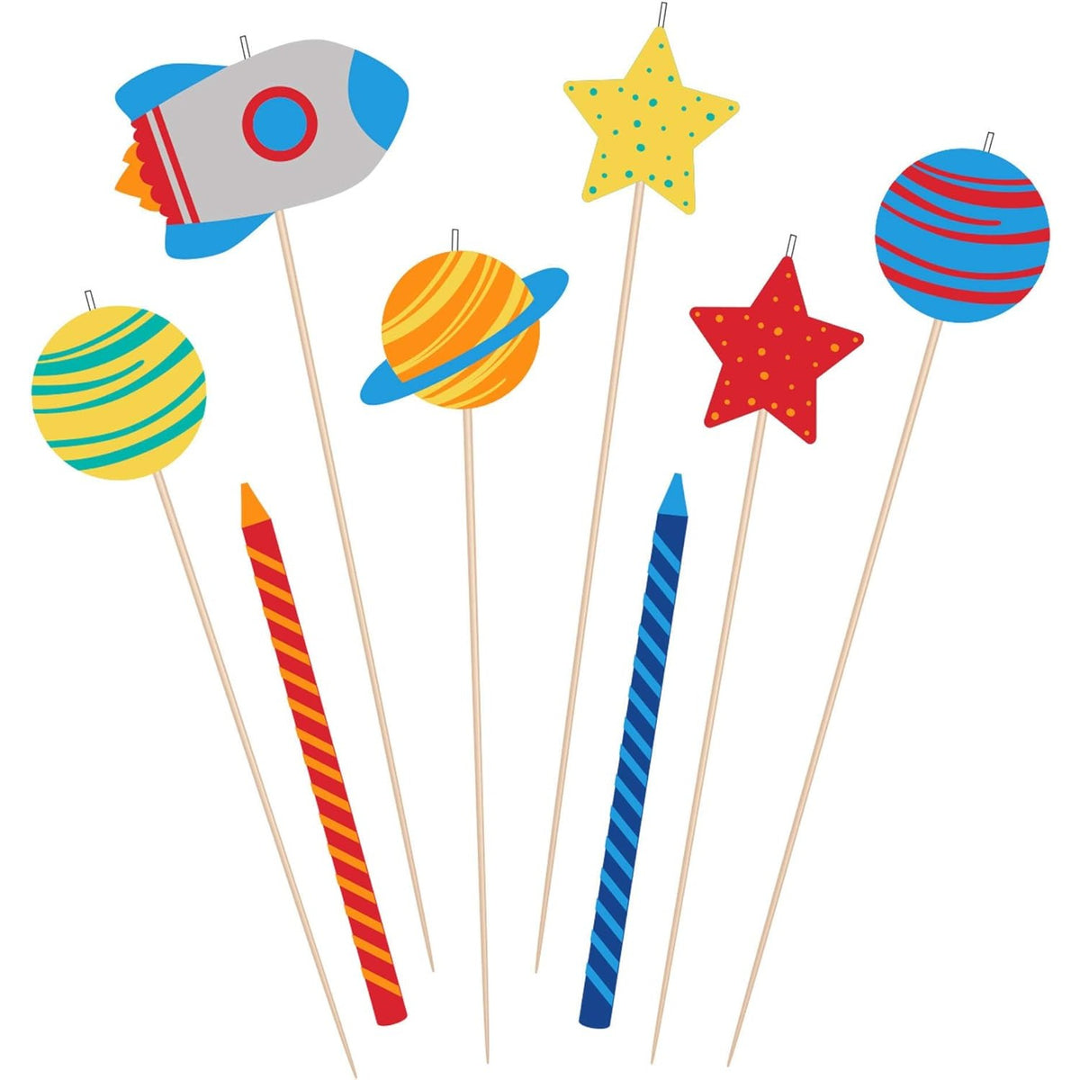 Multicolor Blast Off Birthday Candle Mix - 8-Piece Set, 2 Spiral Candles 4" & 6 Pick Candles 4.9" & 5.9" - Vibrant Party Decorations for Cakes & Celebrations