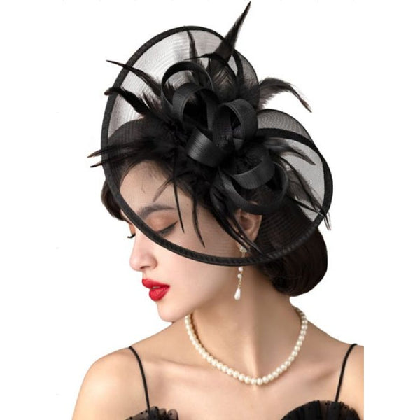 NEW: Black Fascinator with Feather and Ribbon Loops