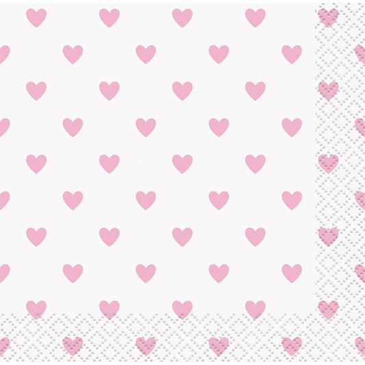 Napkins - Beverage, Pink Hearts, Baby Shower, 16 Count