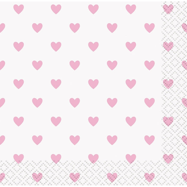 Napkins - Beverage, Pink Hearts, Baby Shower, 16 Count