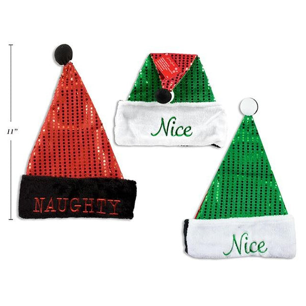 Naughty/Nice 2-Sided Sequin Santa Hat with Fold Over Cuff and Pom Pom.