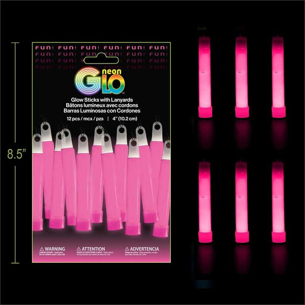 Neon Glo 4" Glow Sticks with Lanyards - Pink
