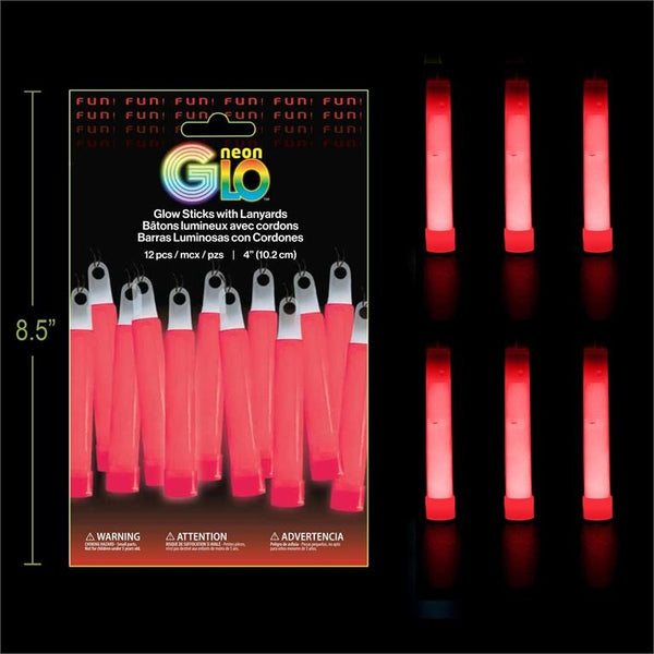 Neon Glo 4" Glow Sticks with Lanyards - Red