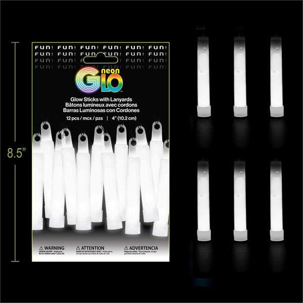 Neon Glo 4" Glow Sticks with Lanyards - White