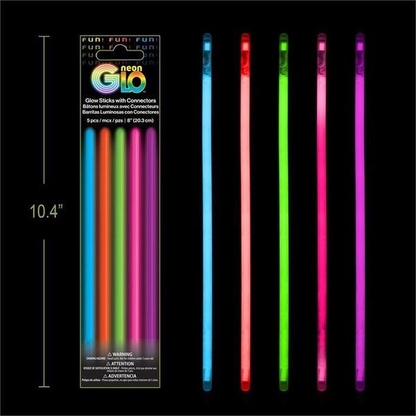 Neon Glo 8" Glow Sticks with Connectors - Assorted 5 Pack