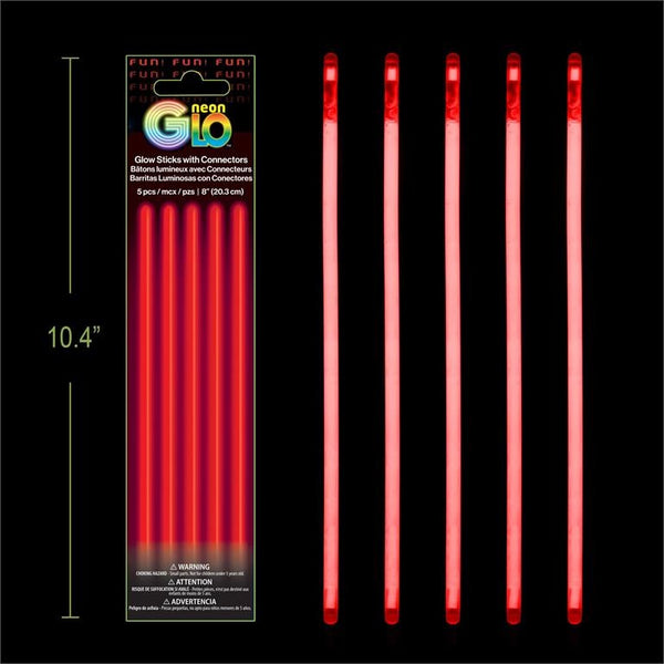 Neon Glo 8" Glow Sticks with Connectors - Red 5 Pack