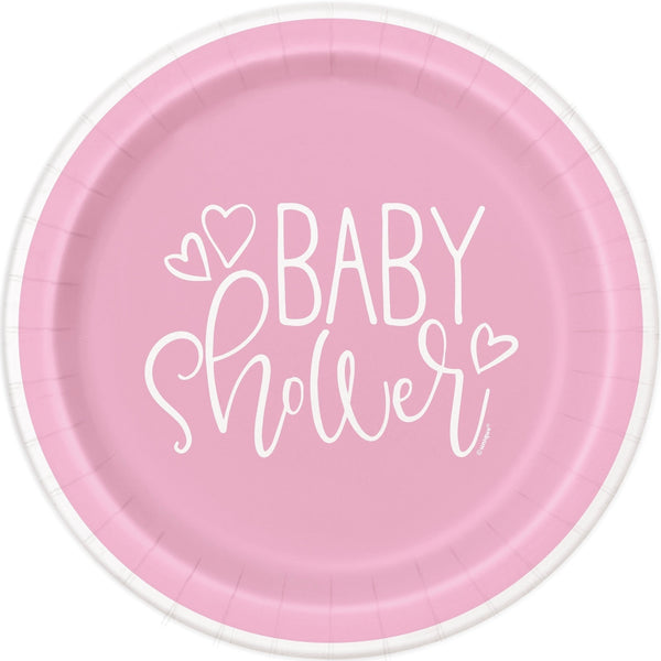 Plates - Dessert, Pink Hearts, Baby Shower, Round, 7", 8 Count
