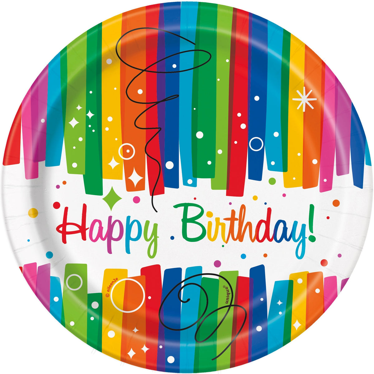 Plates - Dessert, Rainbow, Ribbons "Happy Birthday", Round 7", 8 Count