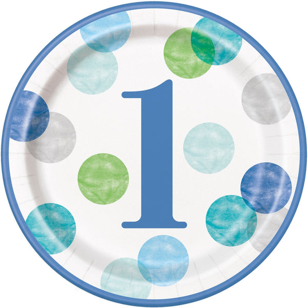 Plates - Dinner, Blue Dots, 1st Birthday, Round, 9", 8 Count