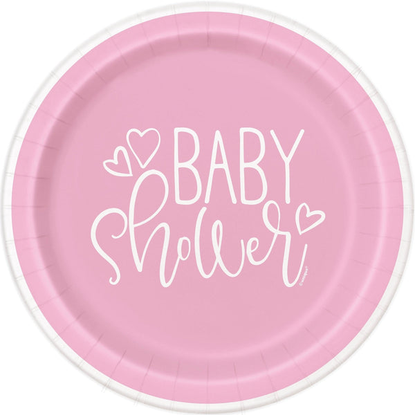 Plates - Dinner, Pink Hearts, Baby Shower, Round, 9", 8 Count