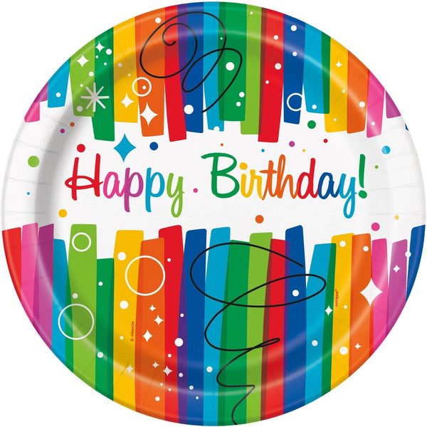 Plates - Dinner, Rainbow, Ribbons "Happy Birthday", Round, 9", 8 Count