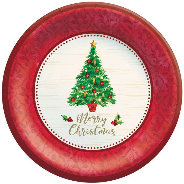 Plates - Red, Round, Classic Tree, 8.5", 8 Count