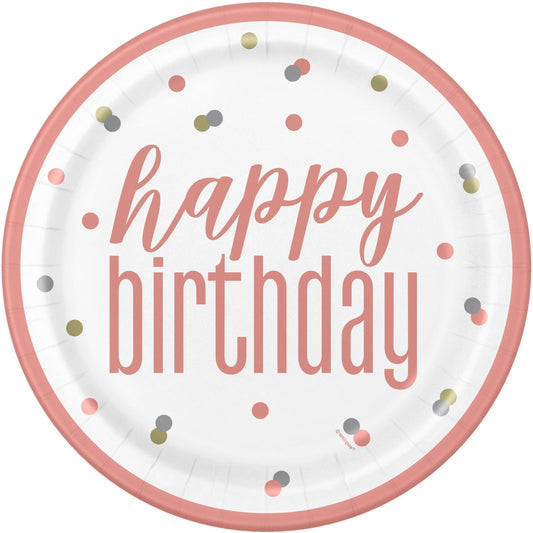 Plates - Rose Gold, Glitz "Happy Birthday", 9", 8 Count