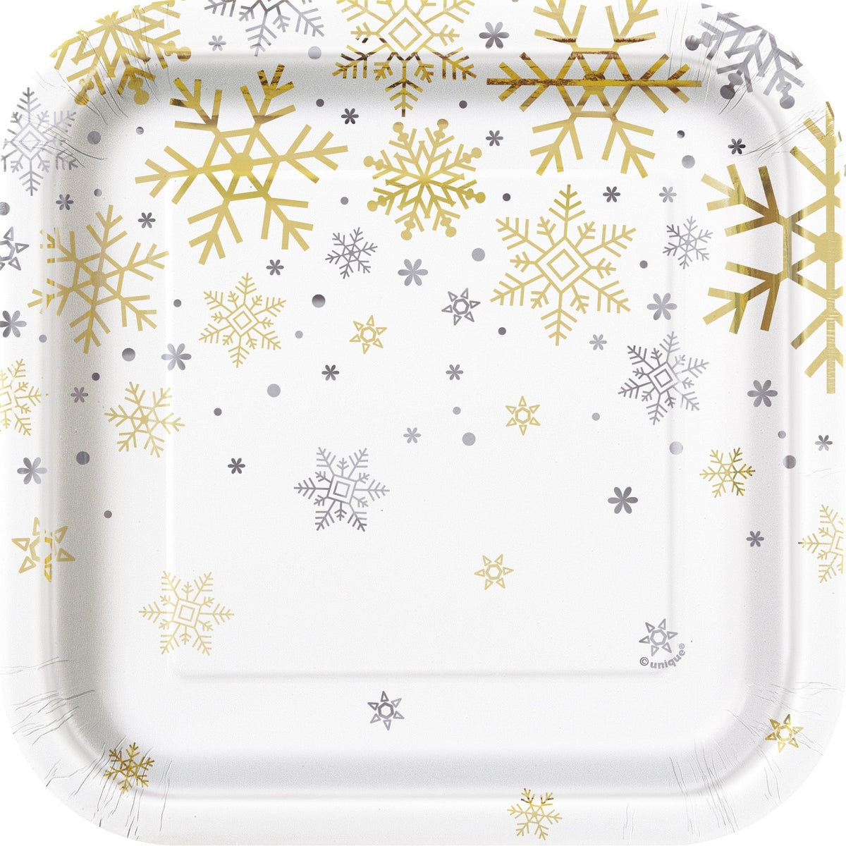 Plates - Square, Silver and Gold Snowflakes, 7"