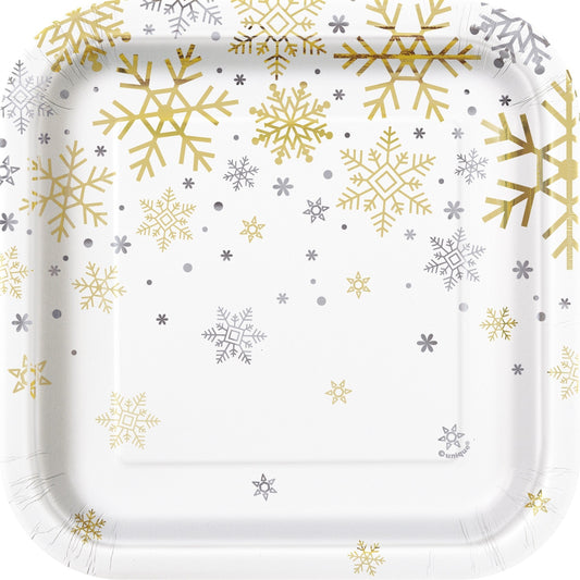 Plates - Square, Silver and Gold Snowflakes, 7"