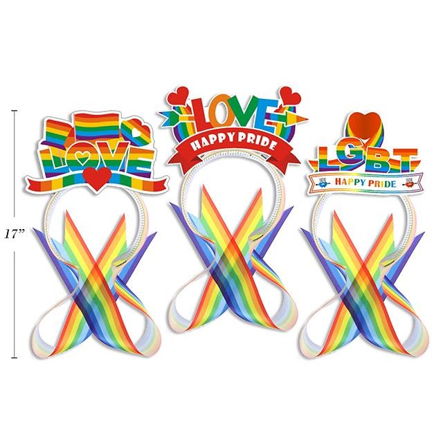 Pride Rainbow Headband with Dangling Ribbon. 3 Assorted Styles - 1Per
