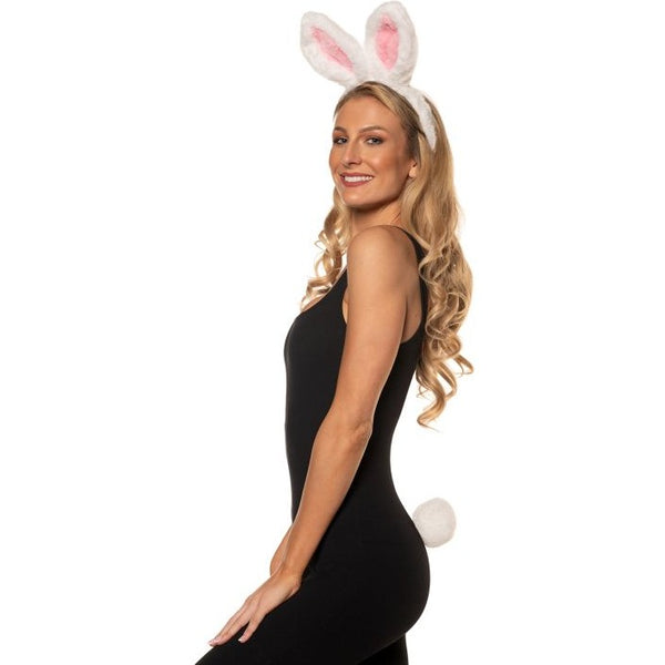 Rabbit Headband White With Attached Plush Ears, Tail With Attached Clip