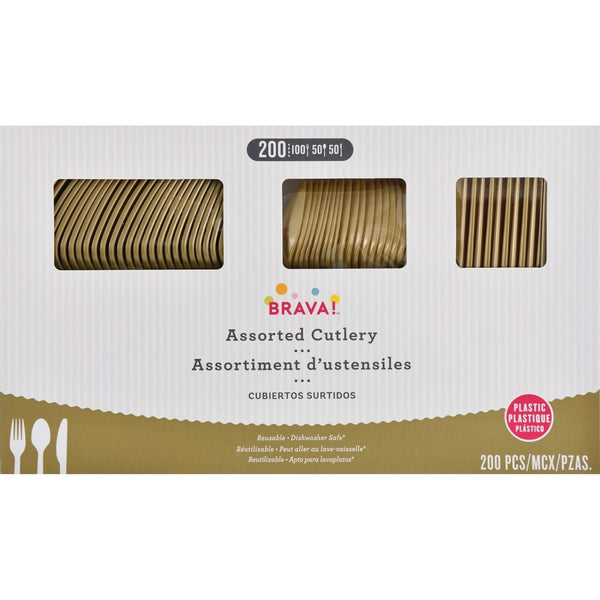 Reusable Plastic Cutlery Assortment, High Count. - Gold