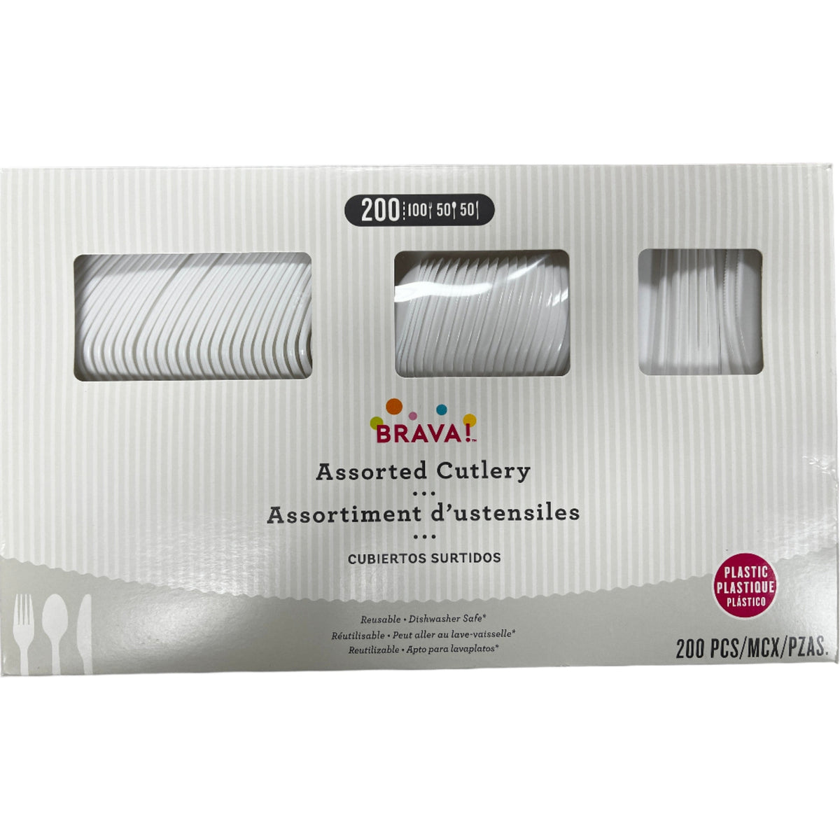 Reusable Plastic Cutlery Assortment, High Count - Frosty White, 200 Count