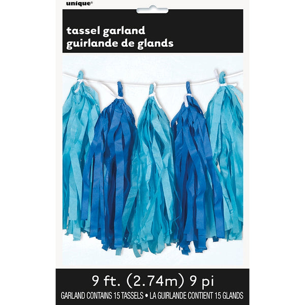 Royal & Light Blue Tissue Tassel Garland – 9ft