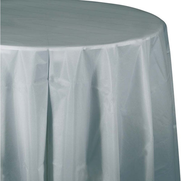 Shimmering Silver Plastic Octagon Round Table Cover - 82" 1CT