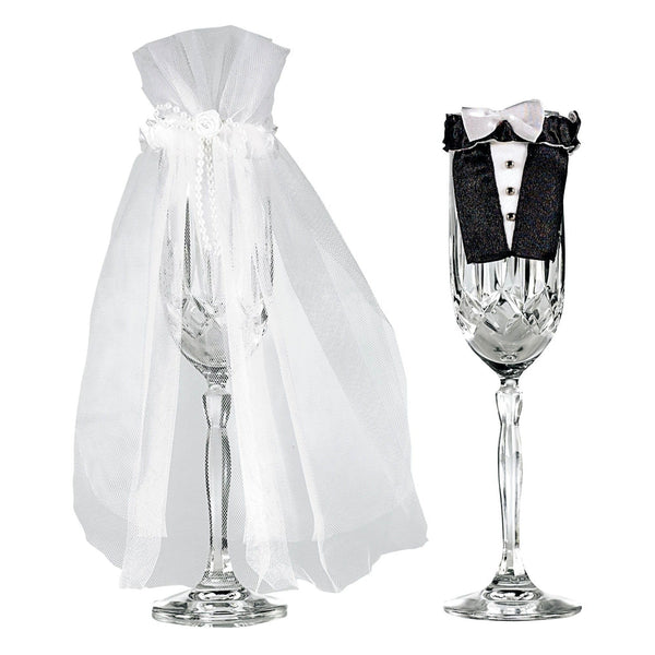 Stemware - Black and White, Bride and Groom, Fabric, 9", 2 Piece