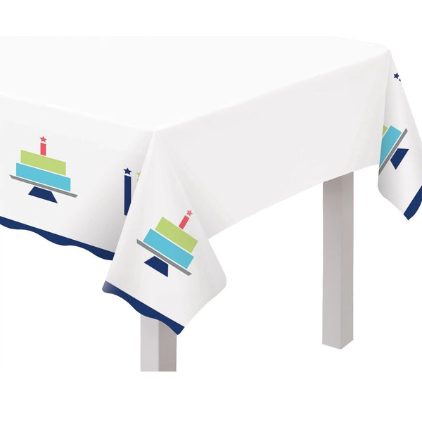 Table Cover - Modern Birthday, White and Blue, Plastic, Rectangular, 54" x 102"