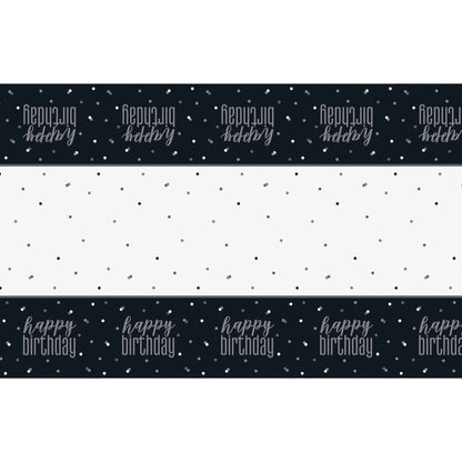 Table Cover - Plastic, Glitz Black & Silver, "Happy Birthday", 54" x 84"