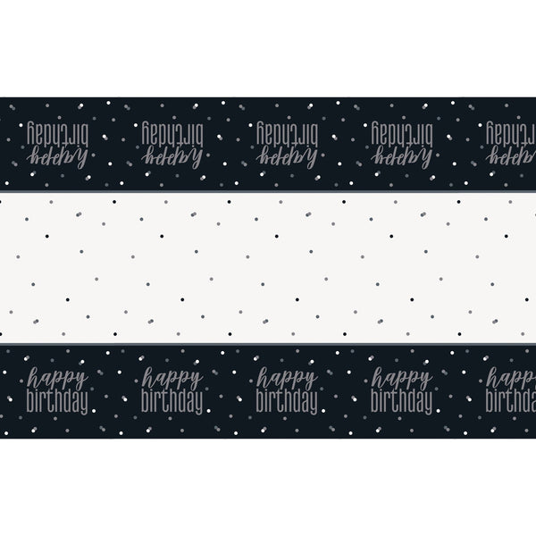 Table Cover - Plastic, Glitz Black & Silver, "Happy Birthday", 54" x 84"