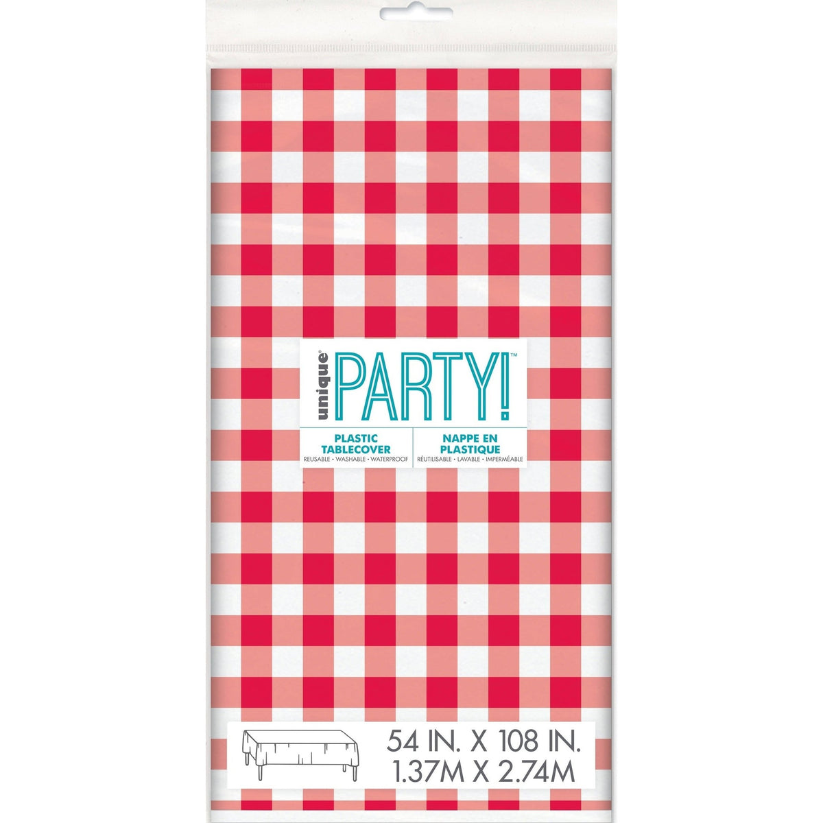 Table Cover - Plastic, Red Gingham, Rectangular, 54" x 108"