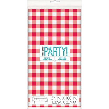 Table Cover - Plastic, Red Gingham, Rectangular, 54" x 108"