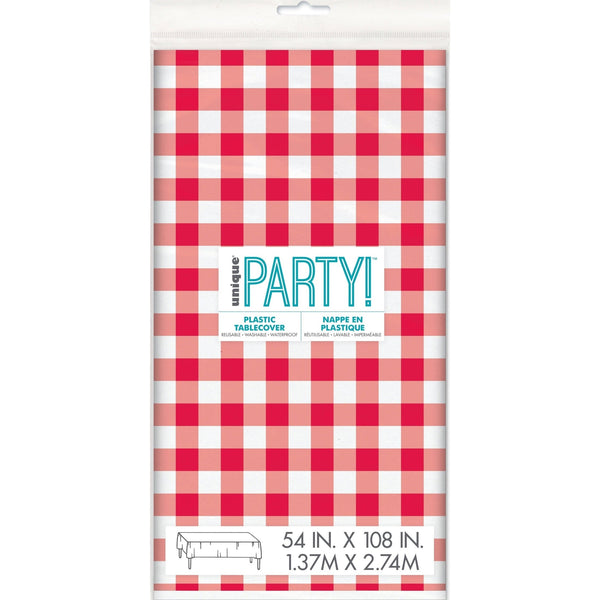 Table Cover - Plastic, Red Gingham, Rectangular, 54" x 108"
