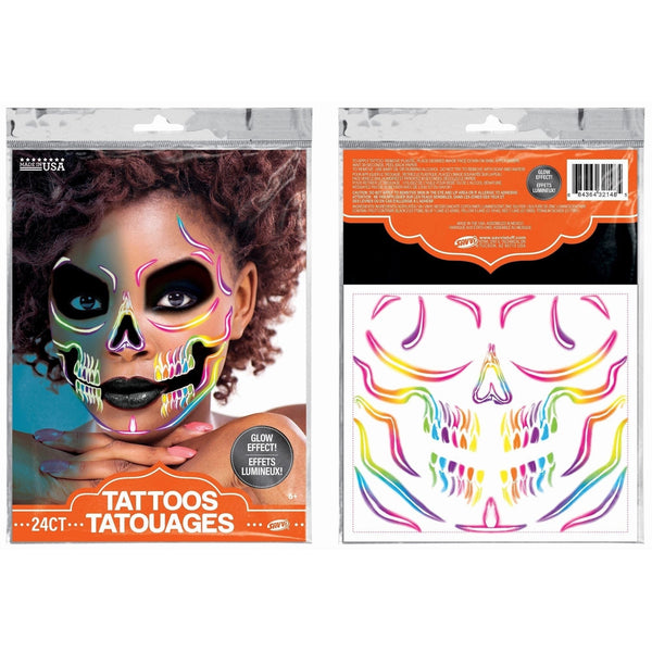 Tattoos - Face, Glowing Bright Colorful Skull, Temporary, 10 Count